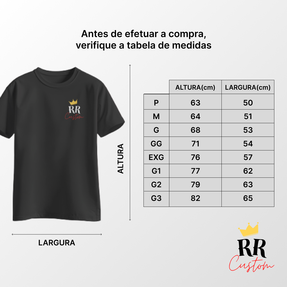 Tabela de tamanhos camiseta algodão